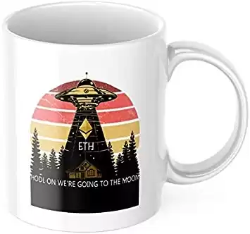 HODL Were Going to the Moon Mug Ethereum Coffee Mug Funny Alien Space Ship ETH Crypto Investing Gift Idea Bitcoin Decentralized Motivation Inspiration 11-ounce White Ceramic Novelty Tea Cup | CMP00267