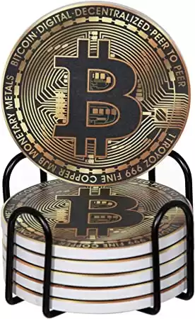 Bridgemore Physical Bitcoin Coasters for Drinks - Set of 6 Ceramic Bitcoin Coin Coasters for Drinks Absorbent with Holder - Great Bitcoin Gift Idea or House Warming Presents for New Home